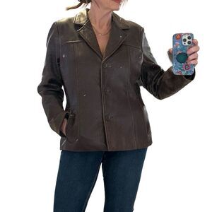 WILSONS Leather Dark Brown Blazer Style Button Front Jacket Size Large